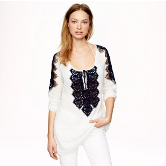 J. Crew White Boho Embroidered Tunic Top Size S Navy Crochet Resort Beach Blouse - Picture 8 of 8